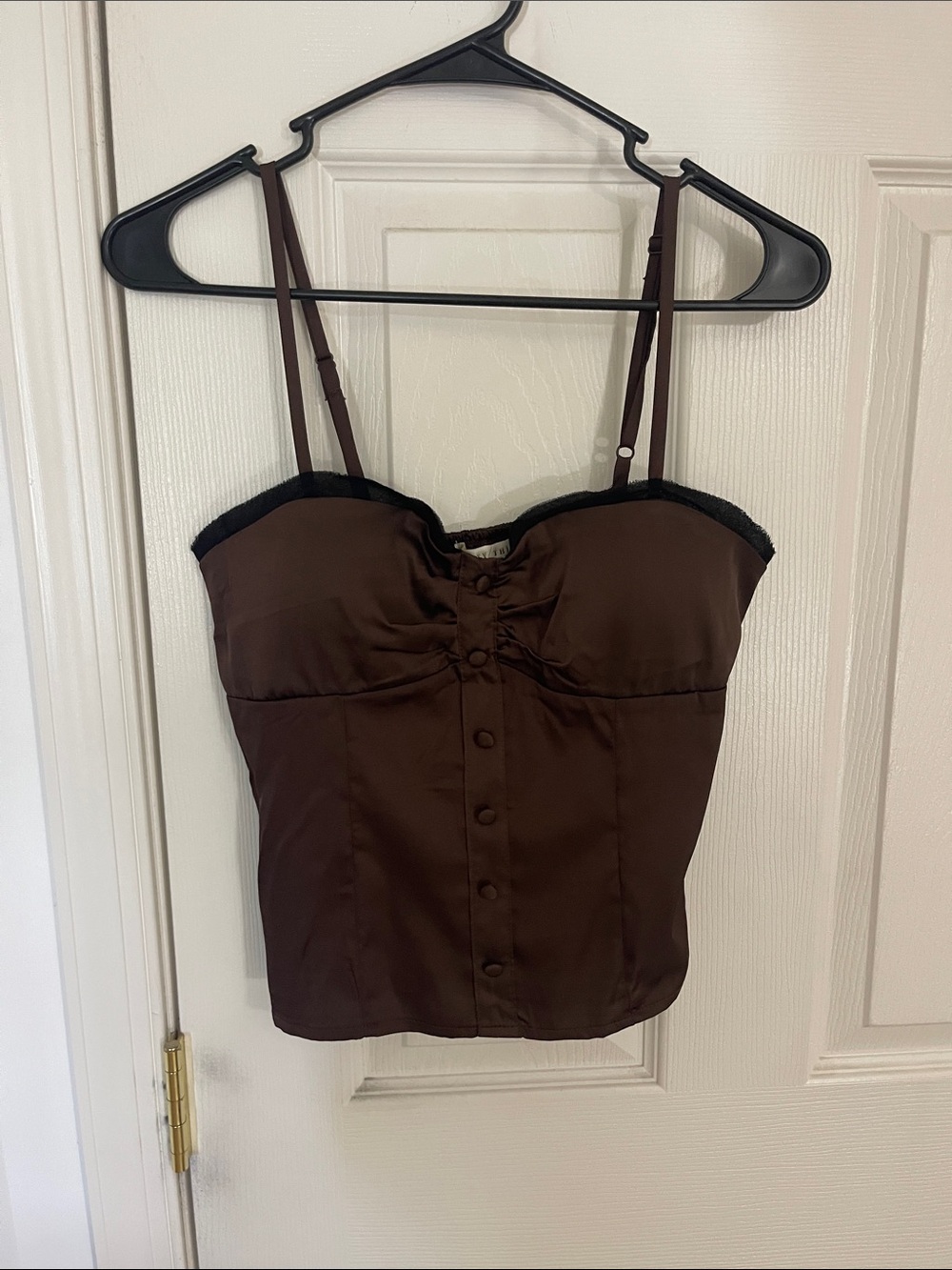 Brown Satin Button-Front Spaghetti Strap Top